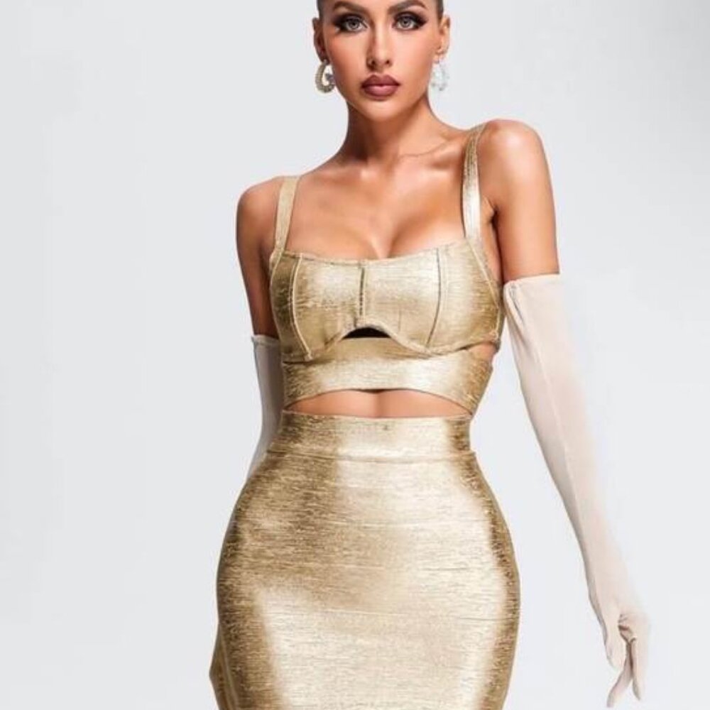 Bella Barnett Gold Metallic Bandage Cut Out 3 Piece Skirt Set  NWT
